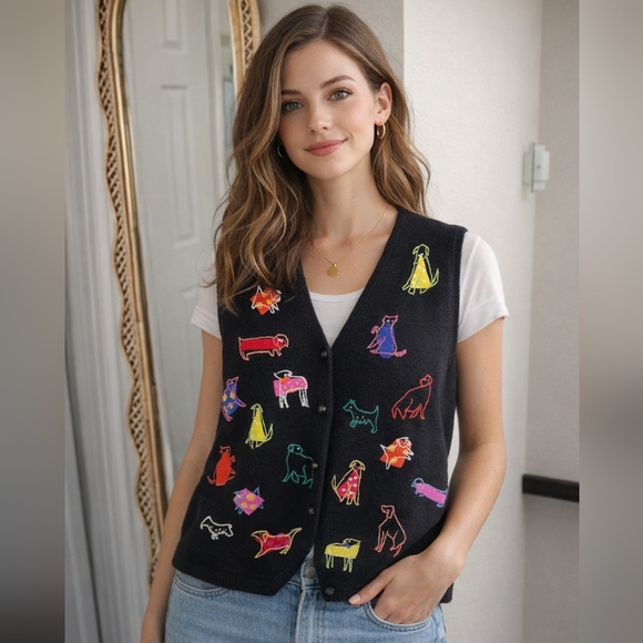 Susan Bristol Jackets & Blazers - Vintage Retro Dog Vest Multi Colored Art Knit Vest